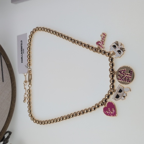 KARL LAGERFELD PARIS Pink/ Gold-Tone Charm Beaded Necklace Choupette Cat/Icon - Picture 1 of 6